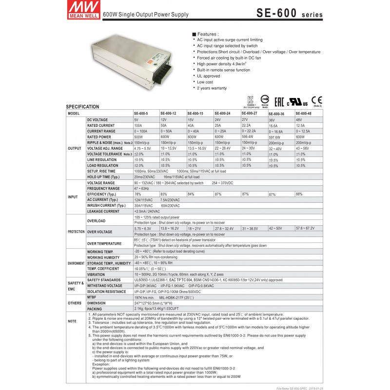 MeanWell 600W Switching Power Supply SE-600-48